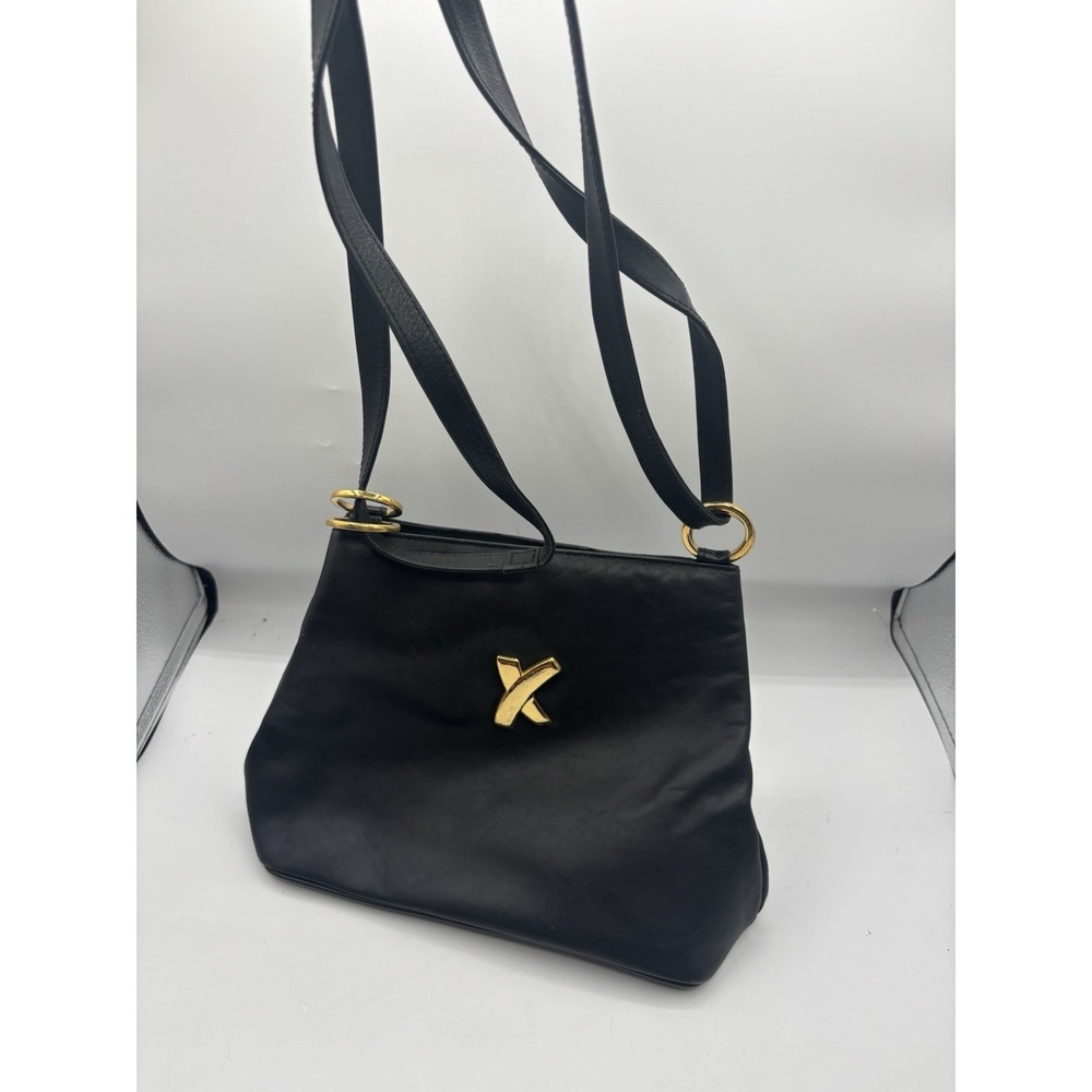 Vintage Paloma Picasso Black Genuine Leather Shoulder Bag, Italy 8.25"x 6.8"